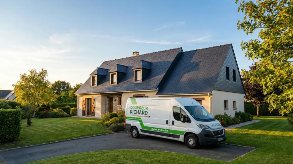 Camionnette blanche et verte de l'artisan Couvreur Richard stationnée devant une maison traditionnelle avec toiture en ardoise, prête pour une intervention de réparation de toit dans les Yvelines (78).