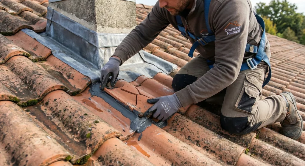 Gros plan sur un artisan de Couvreur Richard équipé d'un harnais qui applique du mastic gris pour réparer des tuiles en terre cuite fissurées autour du pied d'une cheminée.