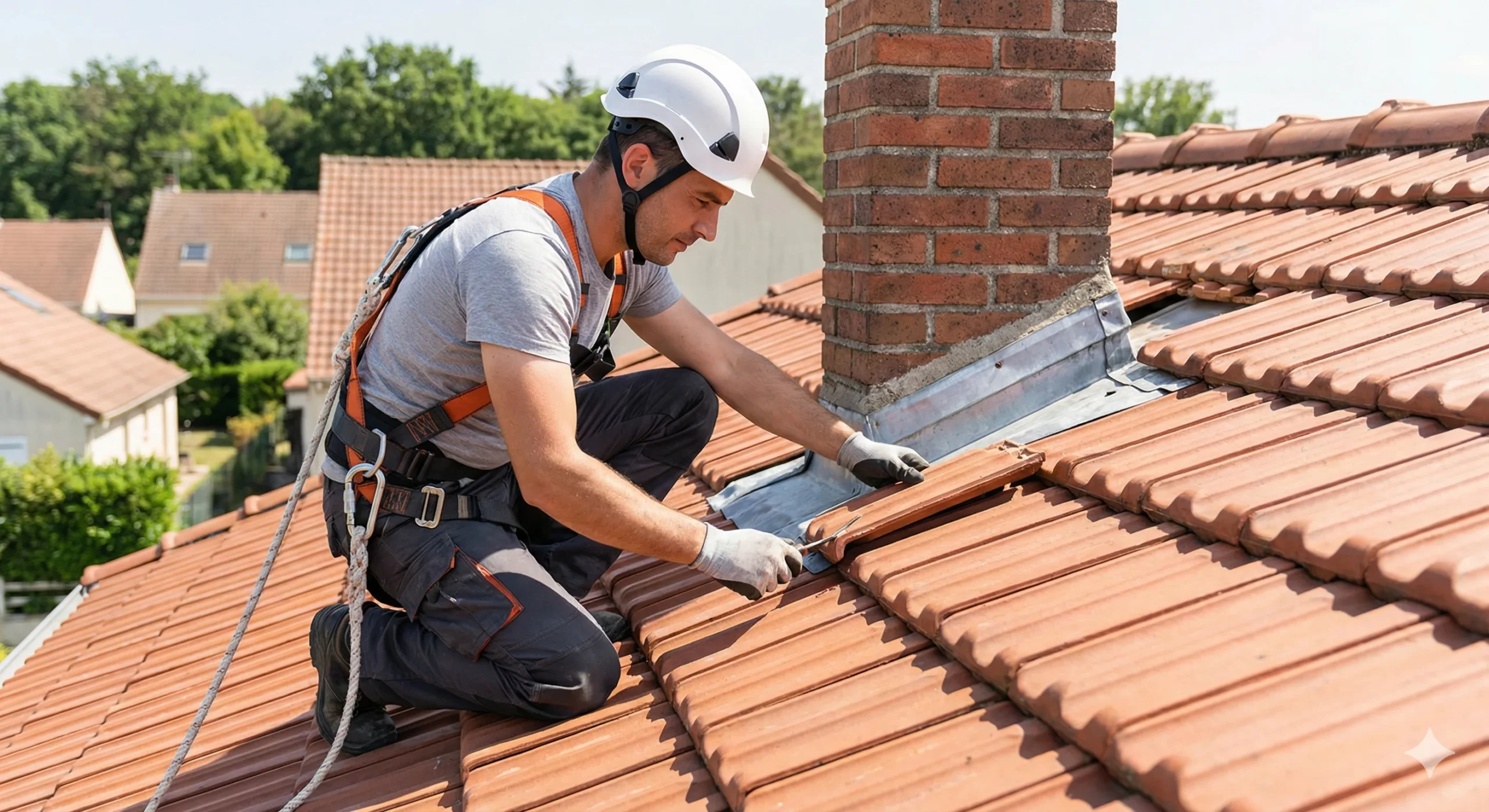 Artisan couvreur professionnel équipé d'un harnais de sécurité réalisant un diagnostic d'infiltration sur une toiture en tuiles dans les Yvelines, inspectant l'étanchéité d'une cheminée.