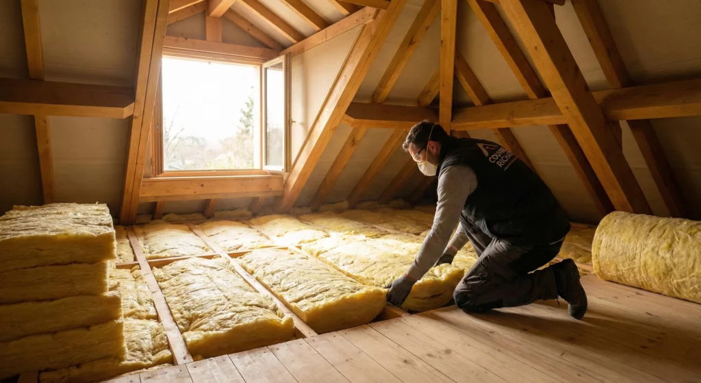 Artisan couvreur RGE professionnel réalisant l'isolation thermique de combles avec d'épais rouleaux d'isolant pour garantir des économies d'énergie dans une maison des Yvelines