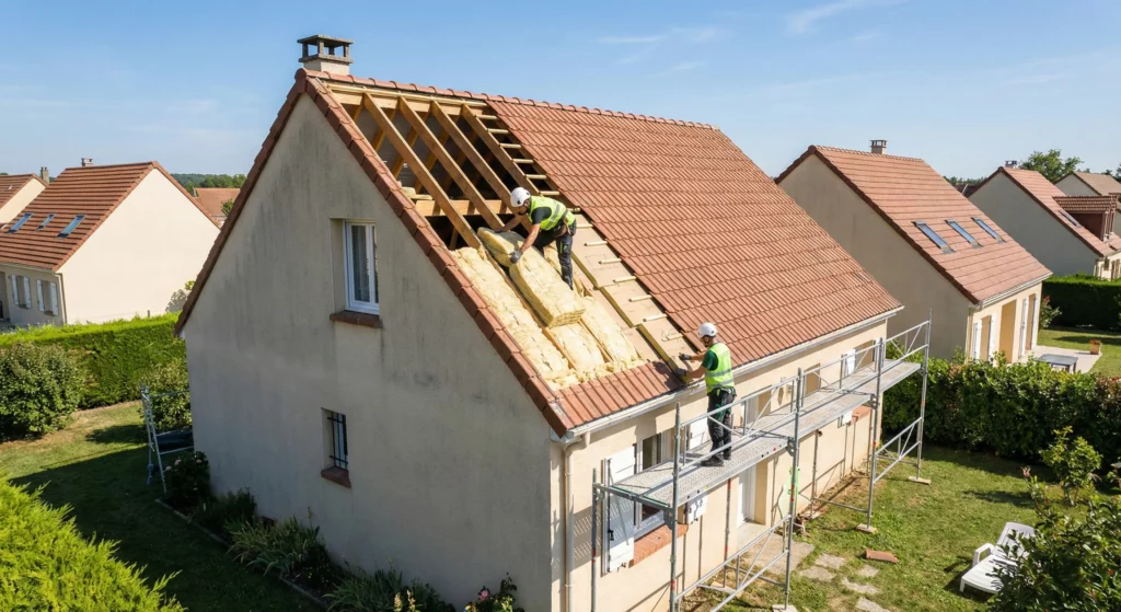 Deux artisans couvreurs professionnels réalisant des travaux d'isolation toiture par l'extérieur avec de la laine minérale sur une maison dans les Yvelines (78).