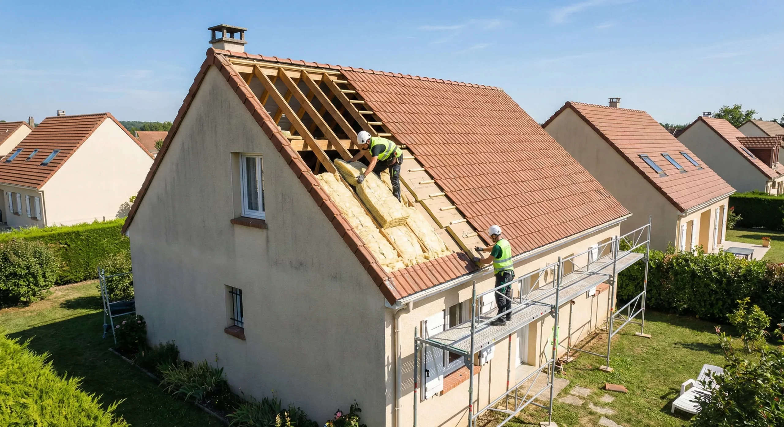 Deux artisans couvreurs professionnels réalisant des travaux d'isolation toiture par l'extérieur avec de la laine minérale sur une maison dans les Yvelines (78).