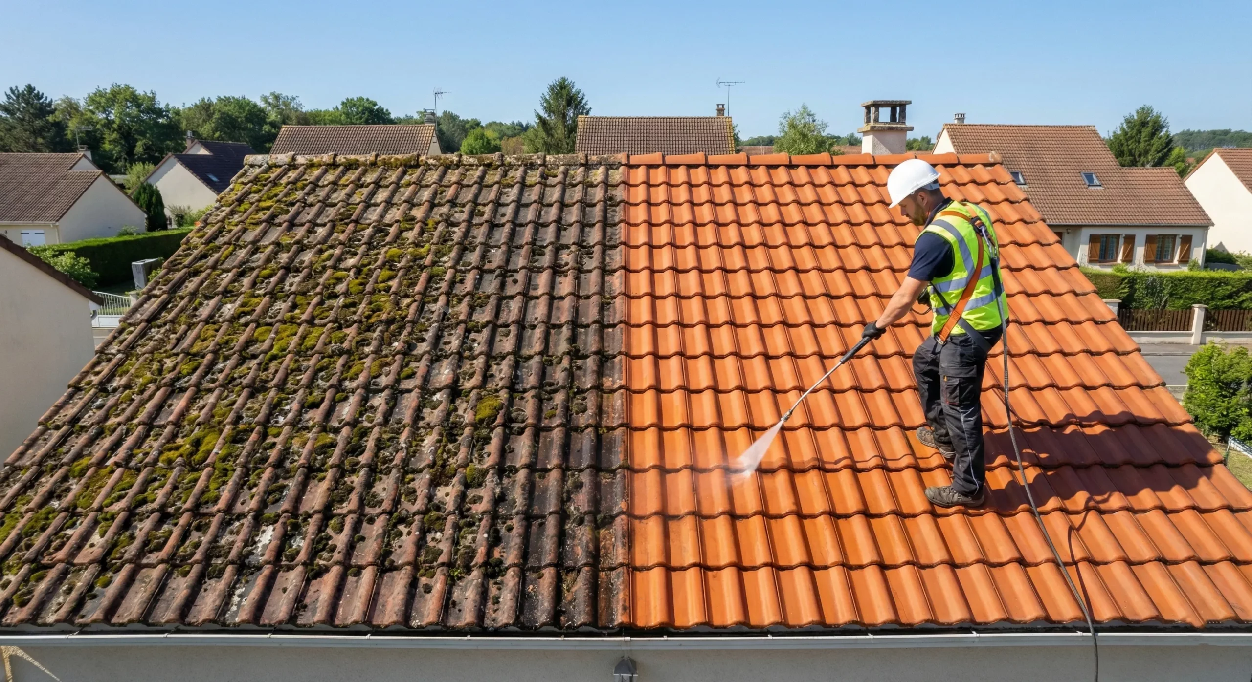 Artisan couvreur professionnel réalisant un nettoyage et démoussage de toiture, avec un résultat avant/après spectaculaire sur des tuiles en terre cuite dans les Yvelines (78).