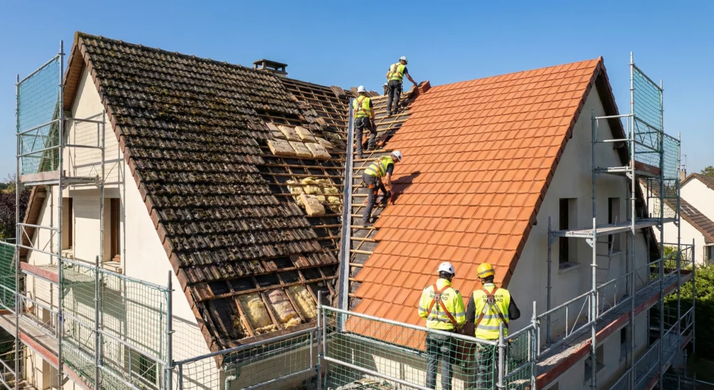 Chantier de rénovation complète de toiture par l'équipe de Couvreur Richard dans les Yvelines, montrant les étapes de dépose des vieilles tuiles et la pose de la nouvelle couverture avec échafaudage et sécurité.
