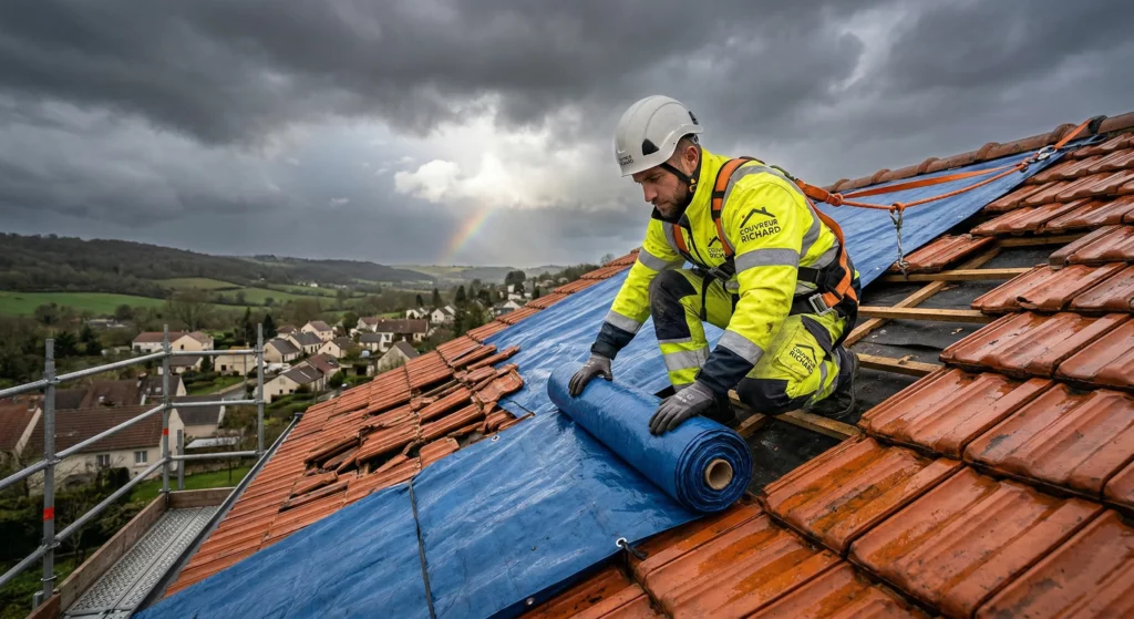 Photographie documentaire d'un artisan de chez Couvreur Richard, portant un casque de sécurité blanc, un harnais et un vêtement haute visibilité, agenouillé sur une toiture en tuiles mouillées après une tempête. L'artisan déroule une bâche bleue imperméable sur une zone endommagée. Le ciel est dramatique avec des nuages d'orage lourds, mais un arc-en-ciel perce à travers au-dessus d'un village dans une vallée.