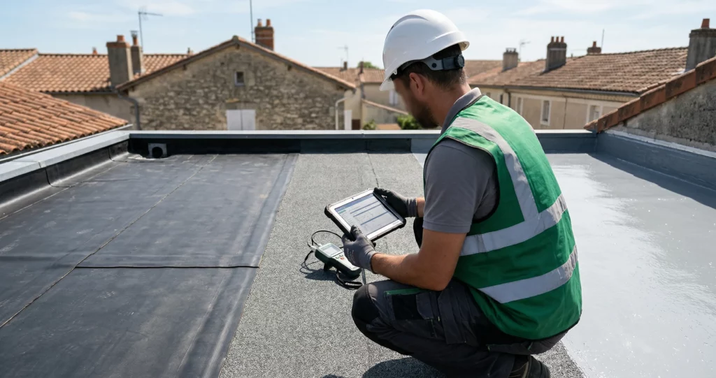 Expert couvreur inspectant toiture plate avec systèmes d'étanchéité EPDM noir, bitume gris et résine glossy côte à côte - Yvelines 78