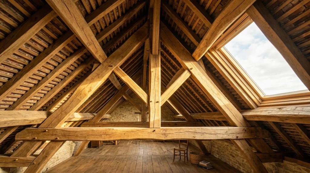 Charpente traditionnelle en bois massif avec poutres et chevrons apparents dans des combles baignés de lumière naturelle