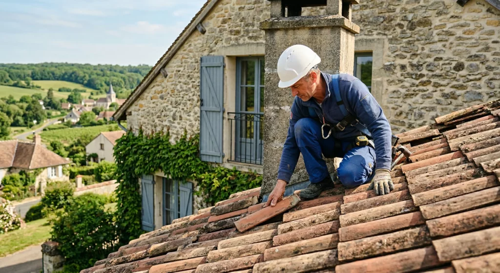 Artisan couvreur en tenue de travail inspectant une toiture en tuile terre cuite sur une maison des Yvelines 78