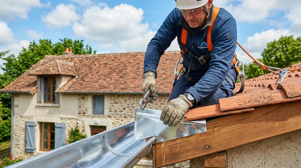 Couvreur-zingueur professionnel installant une gouttière en zinc neuve sur une toiture en tuiles, équipé d'un harnais de sécurité, maison traditionnelle française en arrière-plan