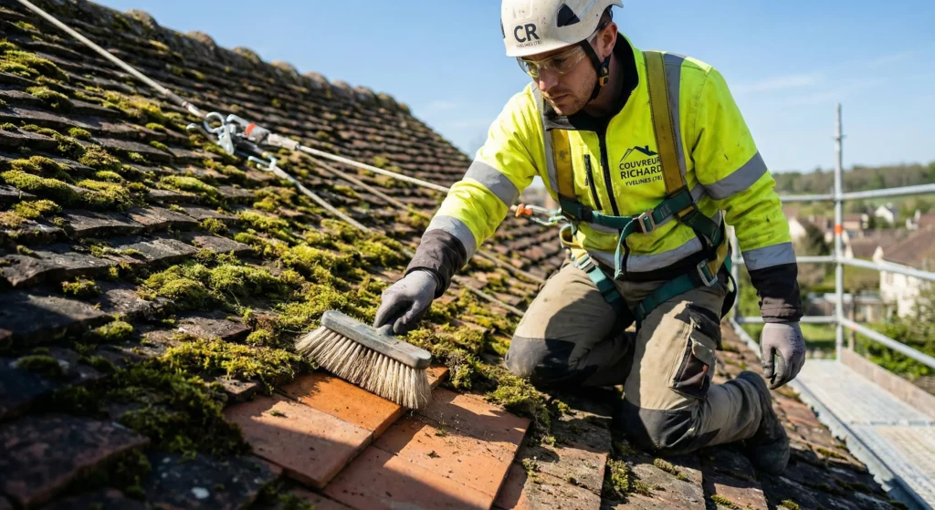 Un artisan couvreur RGE de Couvreur Richard en train de réaliser un démoussage de toiture dans les Yvelines, montrant l'élimination de la mousse à la brosse sur des tuiles pour révéler leur couleur d'origine
