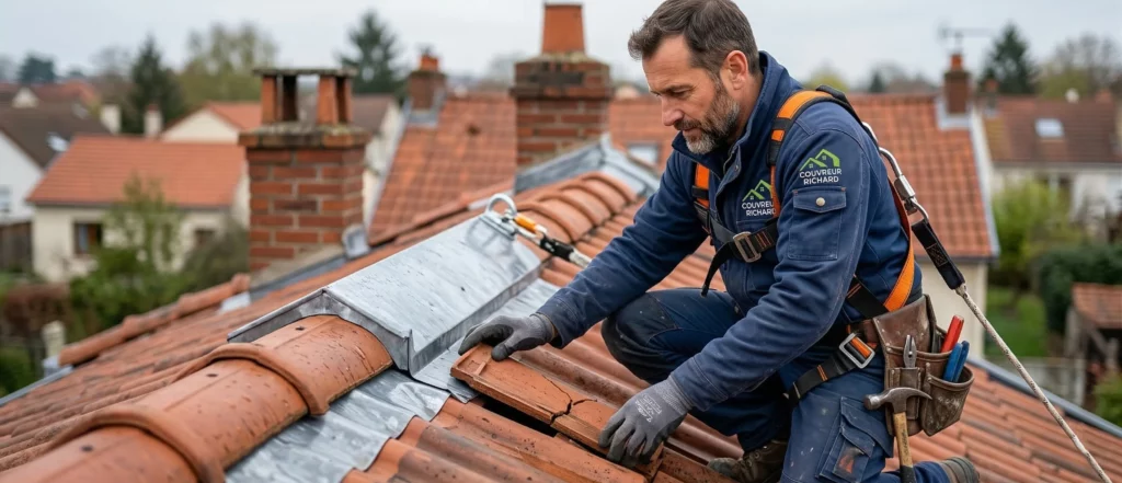 Artisan couvreur professionnel réalisant le diagnostic d'une fuite de toiture sur des tuiles en terre cuite dans les Yvelines.