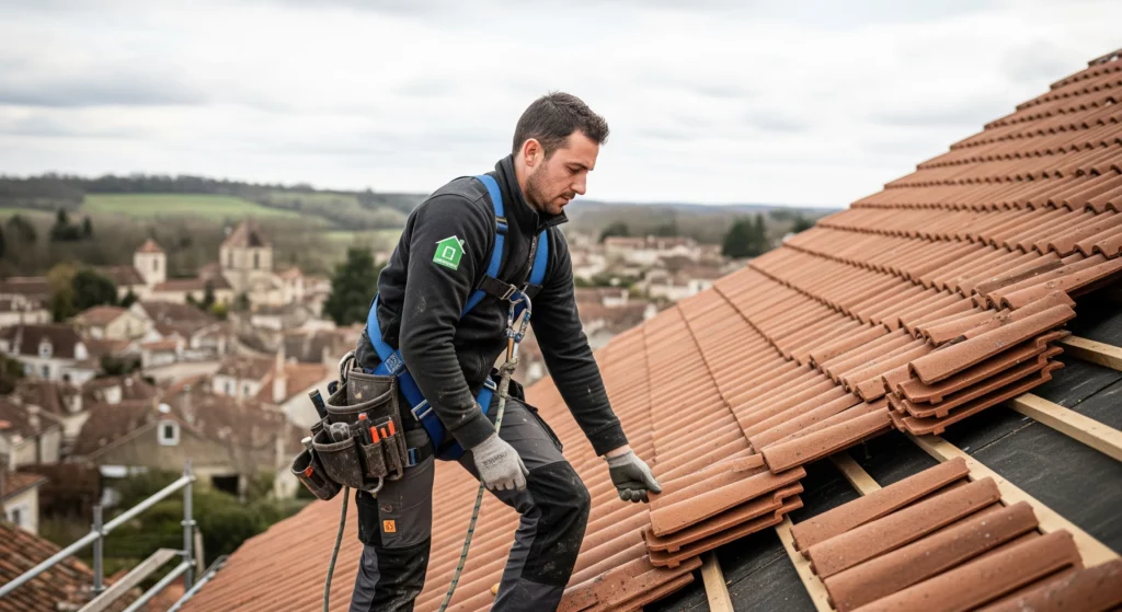 Artisan couvreur RGE professionnel réalisant la pose méthodique d'une toiture neuve sur une maison dans les Yvelines.