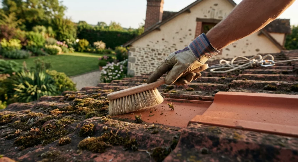 Un artisan couvreur professionnel en train de réaliser la pose de toiture avec des tuiles en terre cuite neuves sur une charpente en bois.