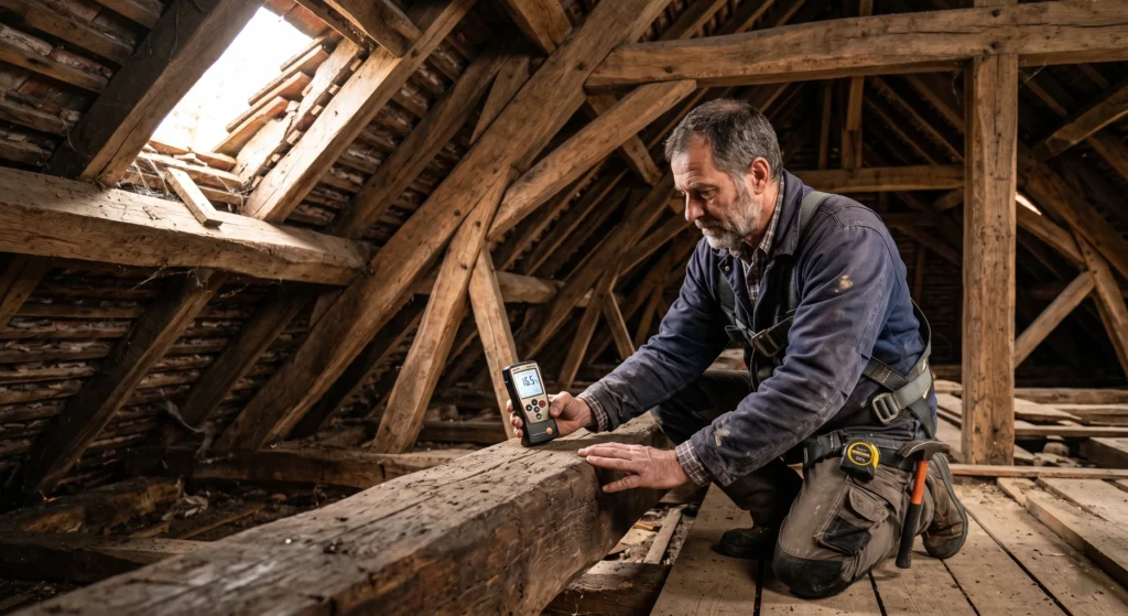 Couvreur expert inspectant une charpente traditionnelle avec hygromètre — diagnostic travaux de charpente Yvelines (78)