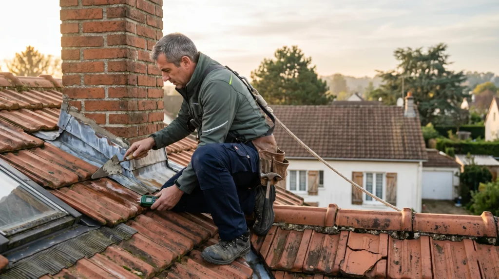 Couvreur Richard inspectant un solin de cheminée et des tuiles humides pour diagnostiquer une infiltration d'eau par le toit sur une maison des Yvelines (78)