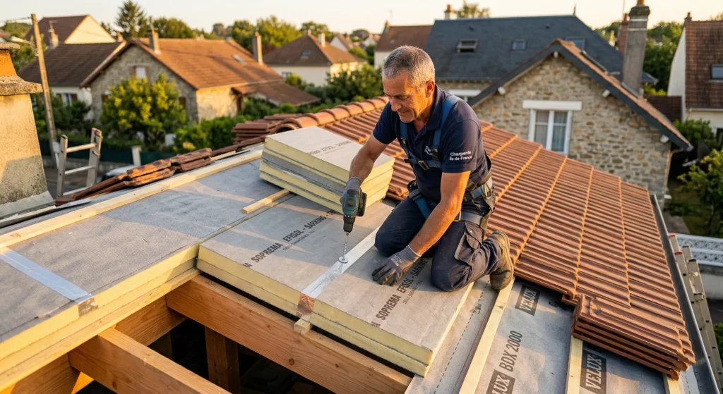 Couvreur posant des panneaux isolants rigides (sarking) sur une toiture en Yvelines — isolation thermique des combles par l'extérieur