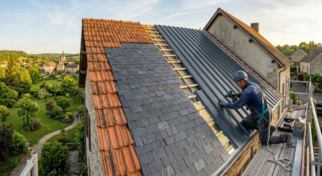 Couvreur en train de rénover une toiture avec trois matériaux visibles : tuiles en terre cuite, ardoises naturelles et bac acier gris, maison individuelle en Île-de-France