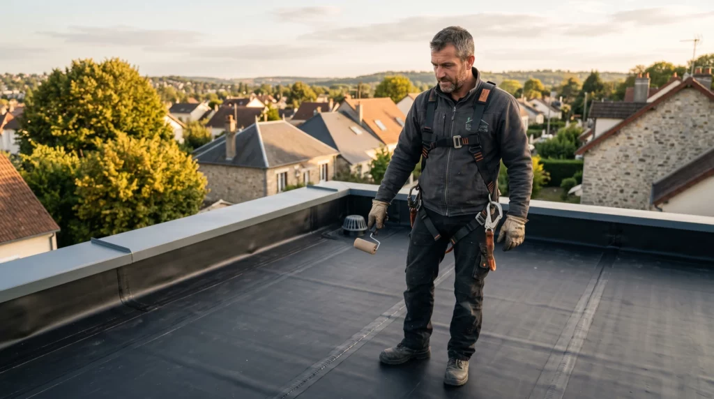 Couvreur expert contrôlant l'étanchéité d'une toiture plate en membrane EPDM noire avec acrotère zinc sur maison contemporaine des Yvelines