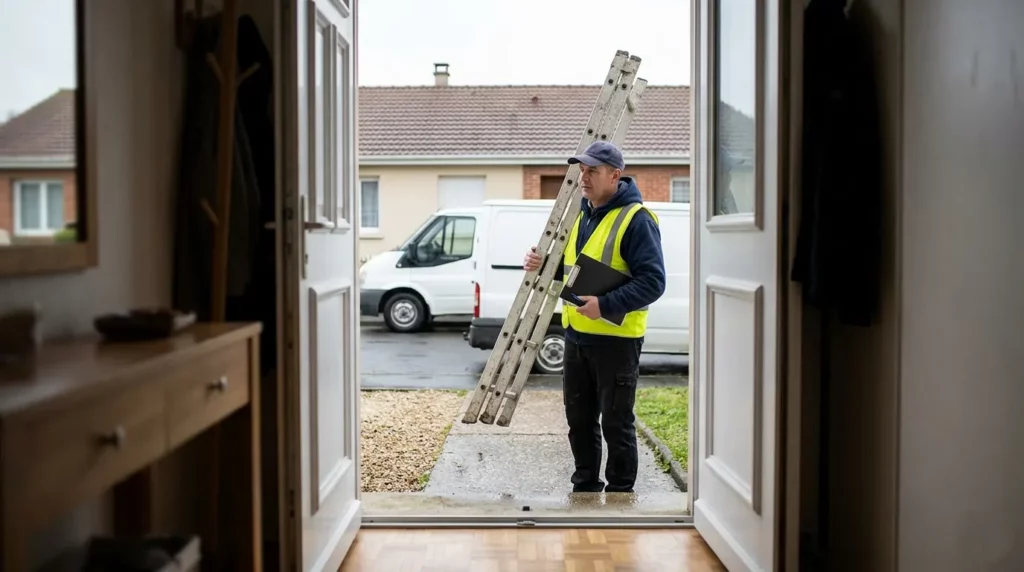 Faux couvreur en porte-à-porte sonnant chez un propriétaire après tempête à Bois-d'Arcy (78390) Yvelines, scène d'arnaque type observée chaque hiver
