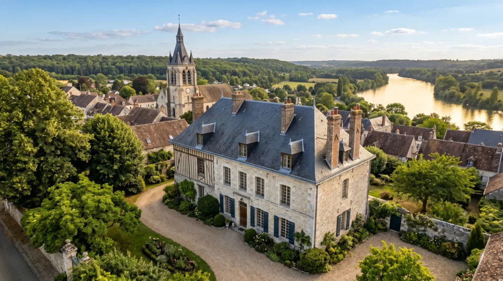 Couvreur Épône 78680 — toiture ardoises maison de bourg vallée de Seine avec église Saint-Béat XIIᵉ en arrière-plan