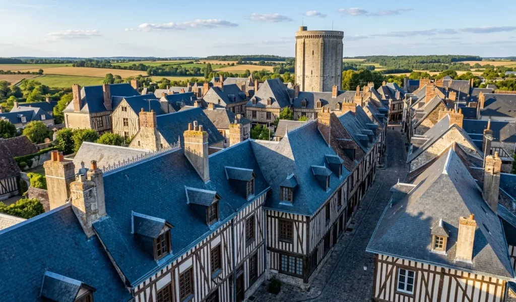 Couvreur Houdan 78550 — toiture ardoises maison à colombages centre médiéval avec donjon en arrière-plan