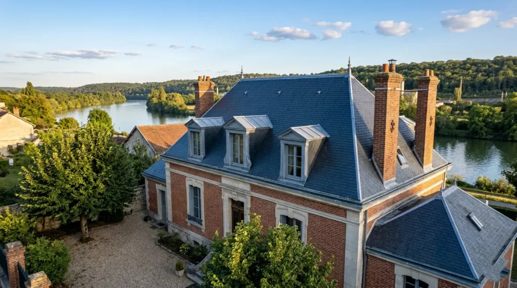 Couvreur Porcheville 78440 — toiture ardoises naturelles maison ouvrière XIXe patrimoine industriel vallée de Seine Yvelines
