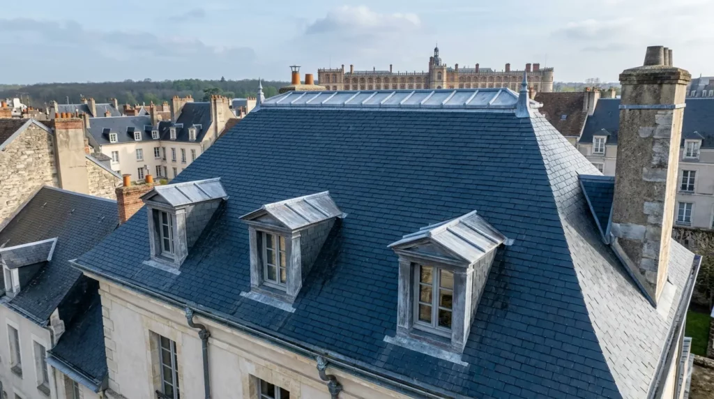 Toiture en ardoise naturelle d'Angers restaurée par Couvreur Richard à Saint-Germain-en-Laye centre (78100), zone ABF Yvelines — lucarnes, faîtage plomb et château en arrière-plan
