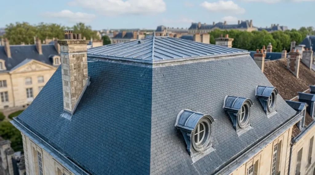 Toiture en ardoise naturelle d'Angers restaurée par Couvreur Richard à Versailles centre (78000), rue de la Paroisse, zone ABF Yvelines — lucarnes œil-de-bœuf et faîtage plomb