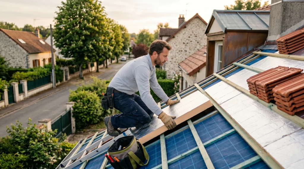 Couvreur expert posant des panneaux d'isolation thermique en sarking sur la charpente d'une maison traditionnelle dans les Yvelines (78)