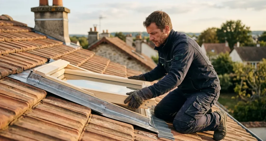 Pose d'une fenêtre de toit Velux par Couvreur Richard sur une toiture en tuiles plates en Yvelines (78), avec abergement zinc visible