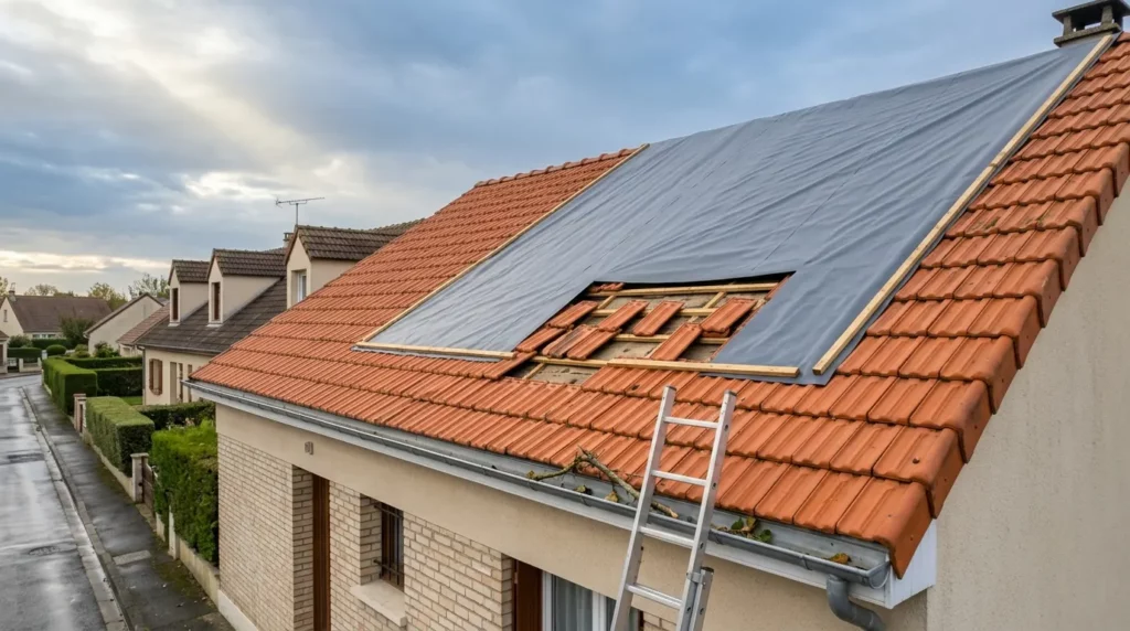 Tuiles déplacées et bâchage d'urgence en EPDM après tempête sur un pavillon Yvelines (78) — intervention couvreur sous 4 heures par Couvreur Richard