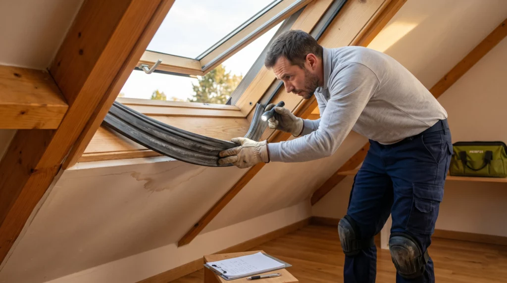 Couvreur expert inspectant le joint d'étanchéité EPDM dégradé d'un Velux qui fuit dans des combles aménagés à Bois-d'Arcy Yvelines (78), trace d'infiltration visible au plafond