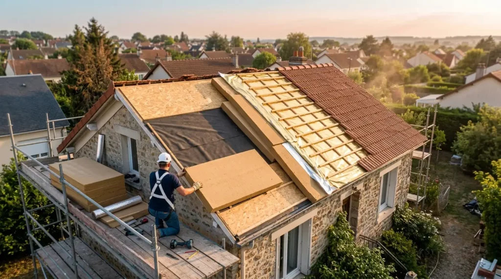 Chantier de sarking en cours sur pavillon en Yvelines : couches d'isolation fibre de bois, écran sous-toiture aluminisé et lame d'air ventilée visibles, par couvreur RGE Qualibat sous canicule de juillet 2026