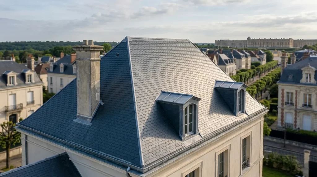 Toiture en ardoise naturelle d'Angers restaurée par Couvreur Richard à Le Chesnay-Rocquencourt centre (78150), zone prestige Yvelines — lucarnes, faîtage plomb et château de Versailles en arrière-plan