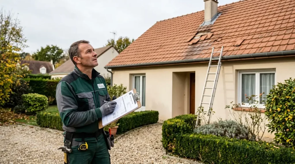 Couvreur Richard établissant un devis détaillé de réparation de fuite sur une toiture en tuiles en Yvelines (78), évaluation chiffrée poste par poste devant le toit