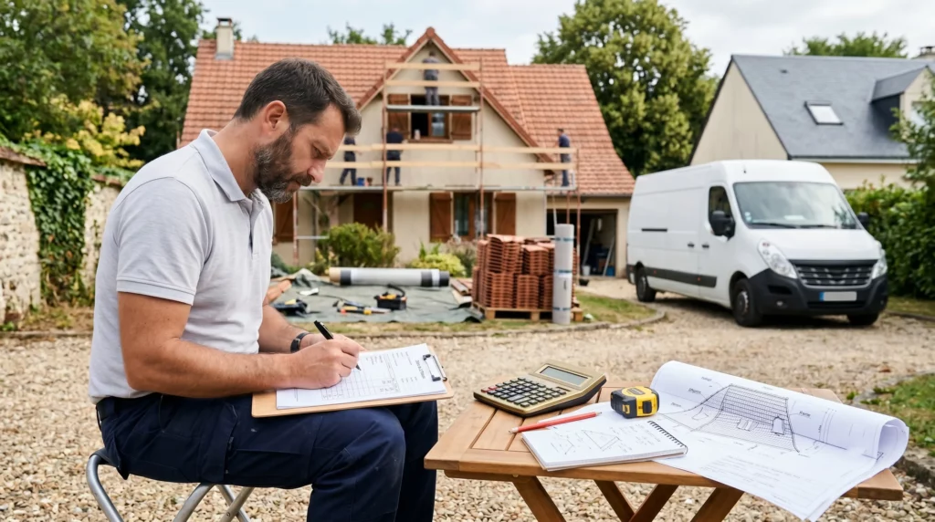 Couvreur RGE Qualibat en Yvelines (78) en plein chiffrage de devis sur chantier — carnet, calculatrice, plans toiture — tarif horaire transparent 50-70 €/h IDF 2026 par Couvreur Richard Bois-d'Arcy