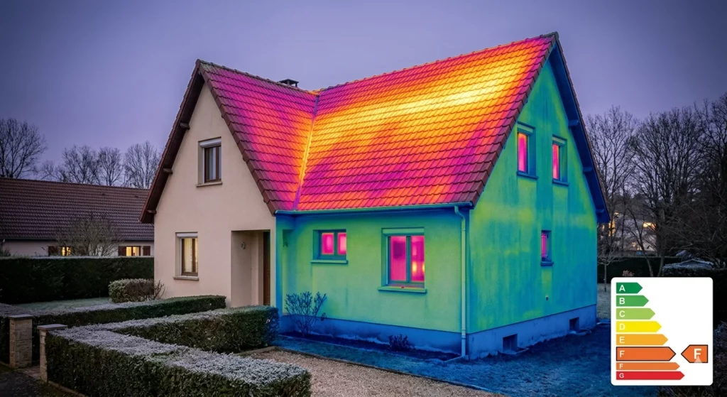 Thermographie infrarouge d'un pavillon Yvelines (78) montrant la déperdition thermique massive par la toiture — signature visuelle d'une passoire thermique DPE F, isolation à refaire avant l'interdiction de location 2028