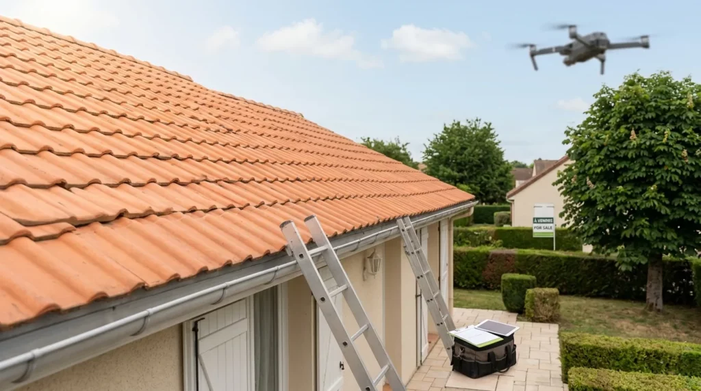Inspection de toiture en Yvelines avant vente immobilière — audit par couvreur RGE 78 avec acheteur et vendeur, rapport écrit conforme DPE 2026