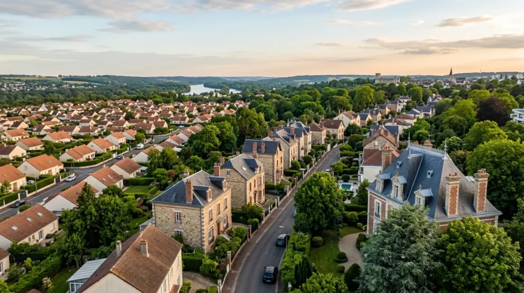 Vue aérienne Yvelines 78 en 2026 — villa Belle Époque zone ABF Saint-Germain, maison meulière Le Vésinet, pavillons Houilles/Guyancourt — 20 communes desservies par Couvreur Richard RGE Qualibat
