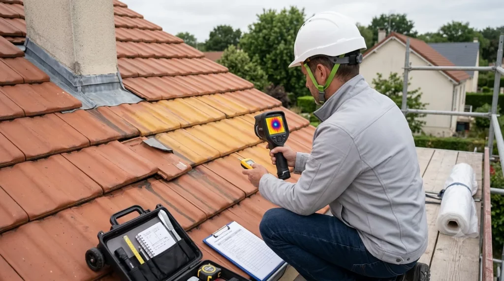 Couvreur RGE Qualibat Yvelines diagnostiquant une infiltration toiture avec caméra thermique — écran affichant zone froide bleue signalant une fuite — tuile déplacée et solin défectueux visibles sur toit tuile terre cuite 2026