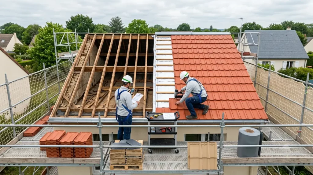 Chantier réfection complète toiture Yvelines juillet 2026 — échafaudage périphérique + 6 matériaux comparés (tuile terre cuite, ardoise naturelle, zinc joints debout, bac acier, Cool Roof) — couvreur RGE Qualibat 78