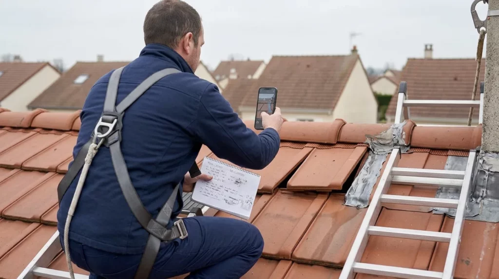 Couvreur RGE Qualibat Yvelines documentant au smartphone une malfaçon de toiture — solin mal étanchéifié et tuiles désalignées — protocole de constat avant mise en demeure 2026 Couvreur Richard