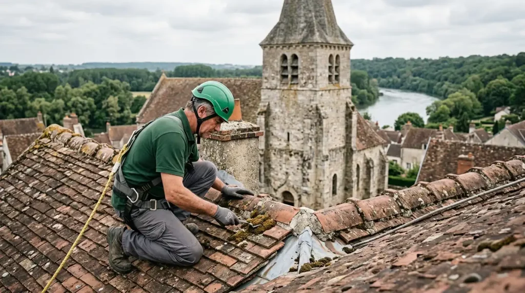 Couvreur RGE Qualibat inspectant une toiture en tuile plate dans le centre ancien d'Épône, près de l'église Saint-Béat — 2026