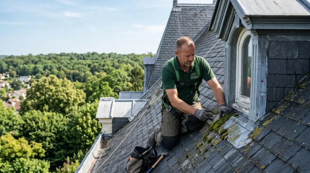 Couvreur RGE Qualibat inspectant une toiture en ardoise à Marly-le-Roi, logo Couvreur Richard visible sur le polo de travail — 2026