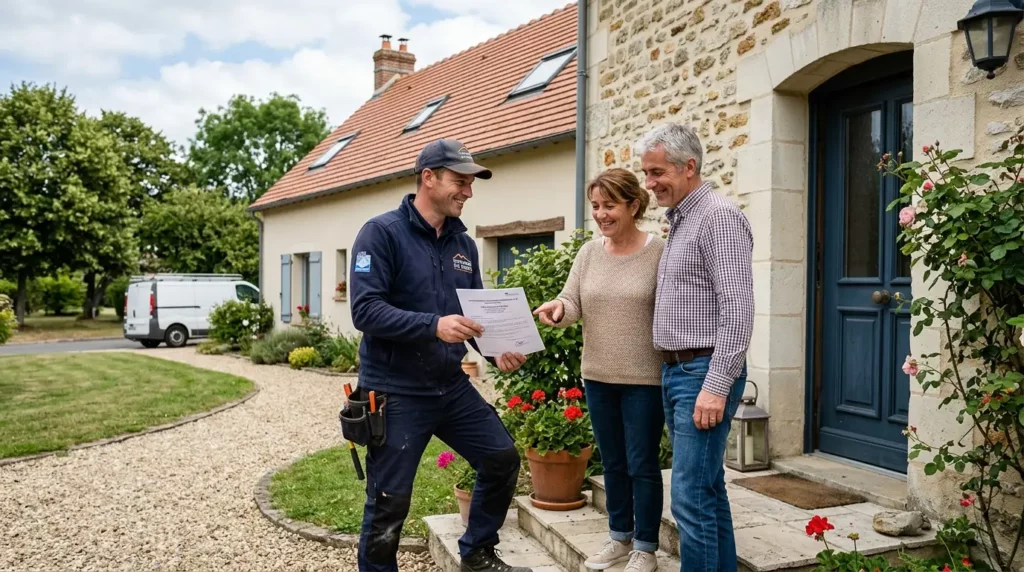 Couvreur RGE Yvelines présentant son attestation d'assurance garantie décennale à des propriétaires — 2026 Couvreur Richard