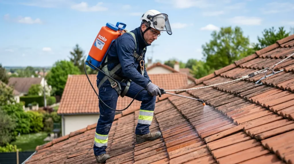 Couvreur RGE Yvelines appliquant un traitement hydrofuge sur une toiture en tuiles après démoussage — diagnostic et pose 2026 Couvreur Richard