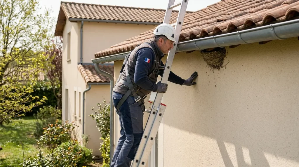 Couvreur RGE Yvelines examinant un nid d'hirondelle sous une rive de toiture — 2026 Couvreur Richard
