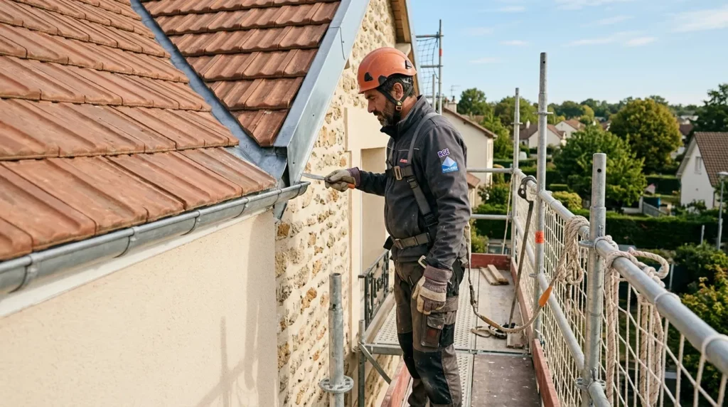Couvreur RGE Yvelines examinant la jonction toiture-façade sur un chantier de ravalement — 2026 Couvreur Richard