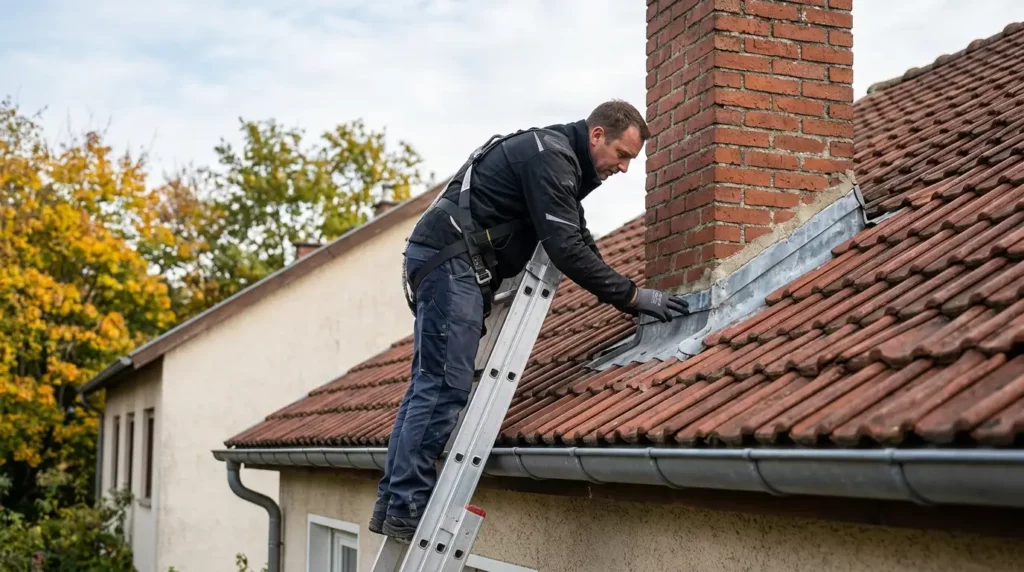 Couvreur RGE Yvelines examinant un solin de cheminée sur une toiture en tuiles — 2026 Couvreur Richard