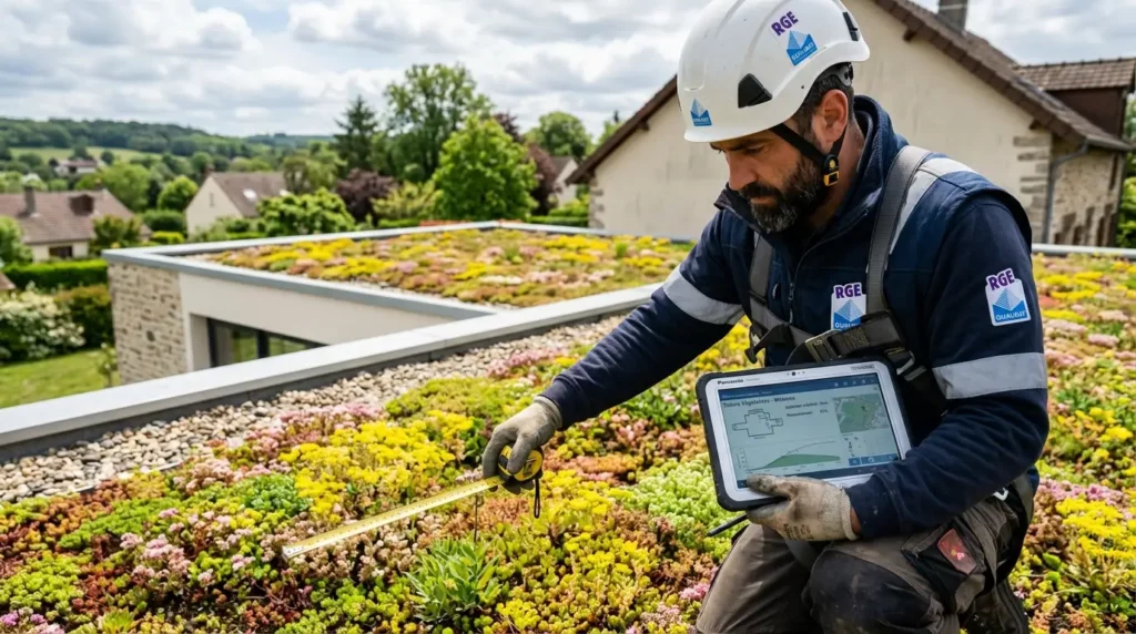 Couvreur RGE Yvelines inspectant une toiture végétalisée extensive sur l'extension d'une maison individuelle — diagnostic de faisabilité 2026 Couvreur Richard